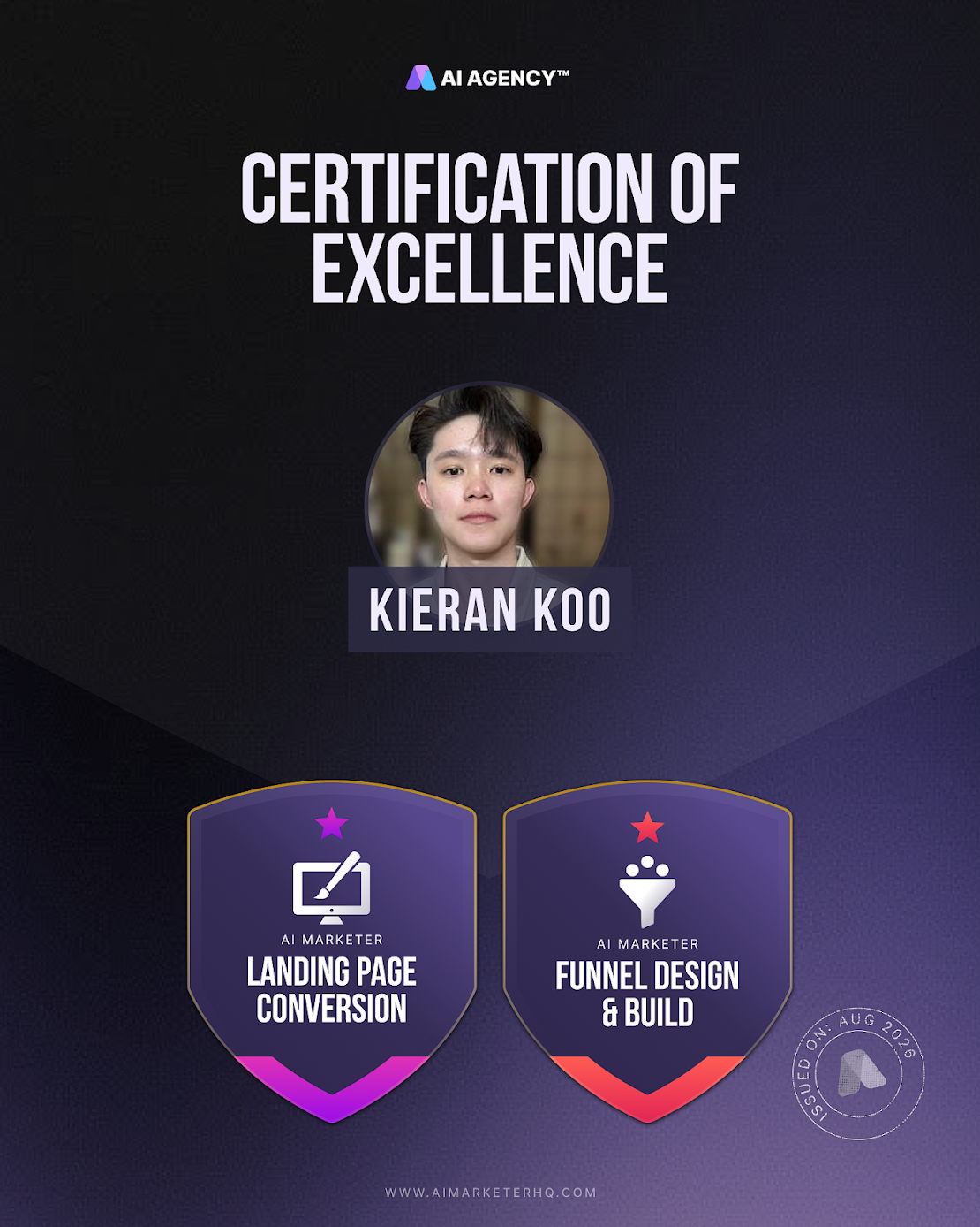 Kieran Koo certification in Landing Page Conversion and Funnel Design and Build